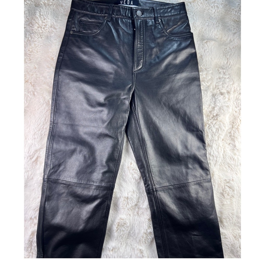 Veda x Reformation Black Leather High Rise Straight Leg Pants Size 4.        A24